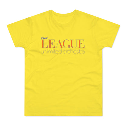 Yellow t-shirt with "THE LEAGUE unlimited orchestra" text.