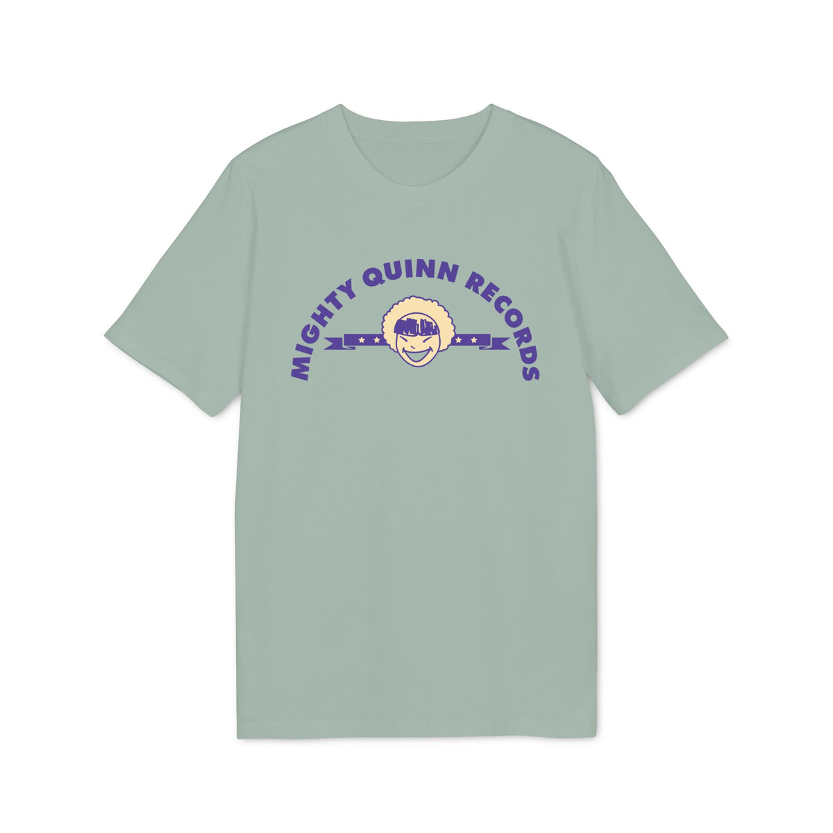 Sage green crewneck t-shirt featuring the purple text Mighty Quinn Records arched over an illustration.