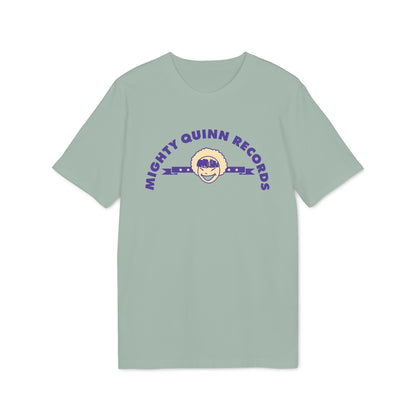 Sage green crewneck t-shirt featuring the purple text Mighty Quinn Records arched over an illustration.