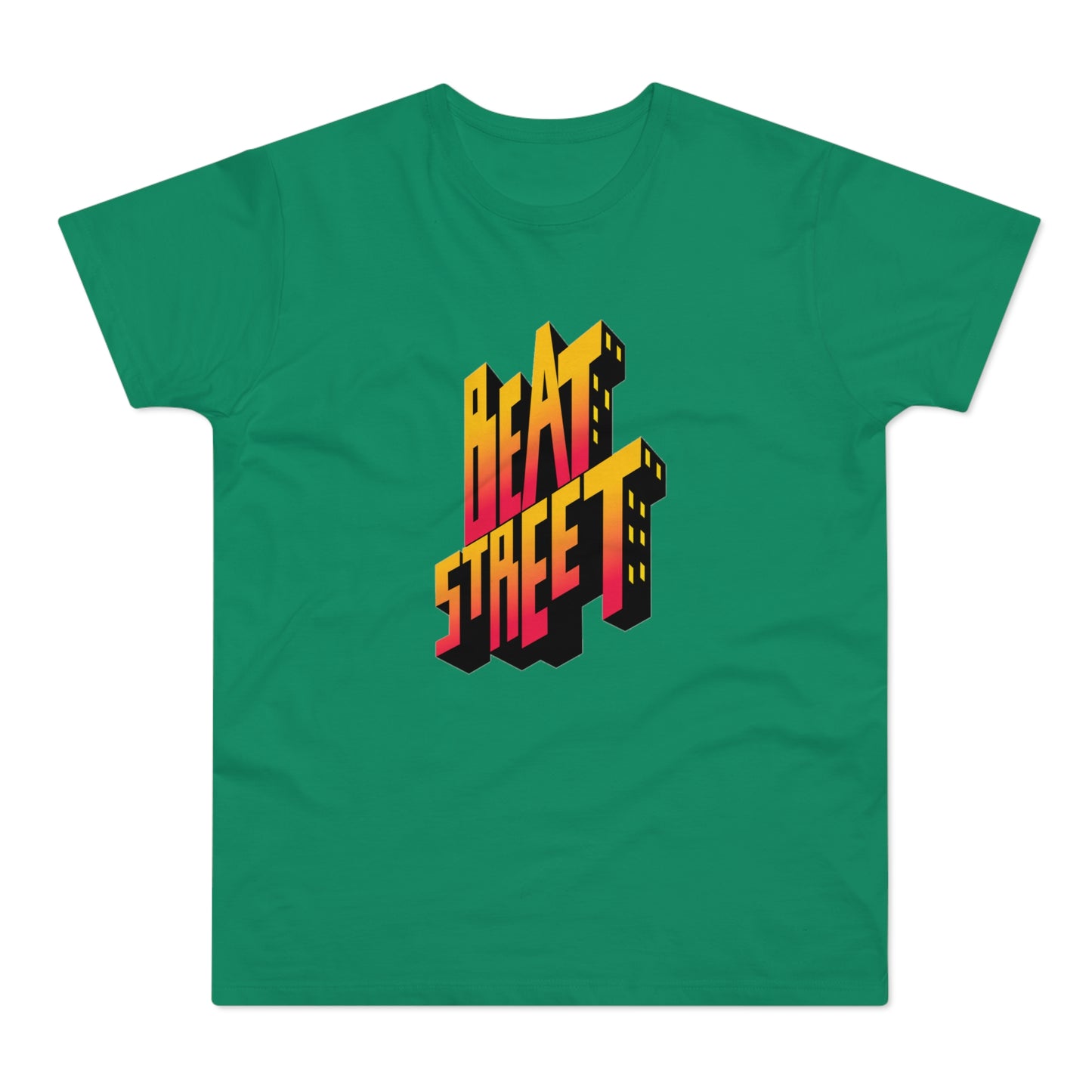 Green t-shirt with a 3D "BEAT STREET" cityscape graphic in yellow and red.