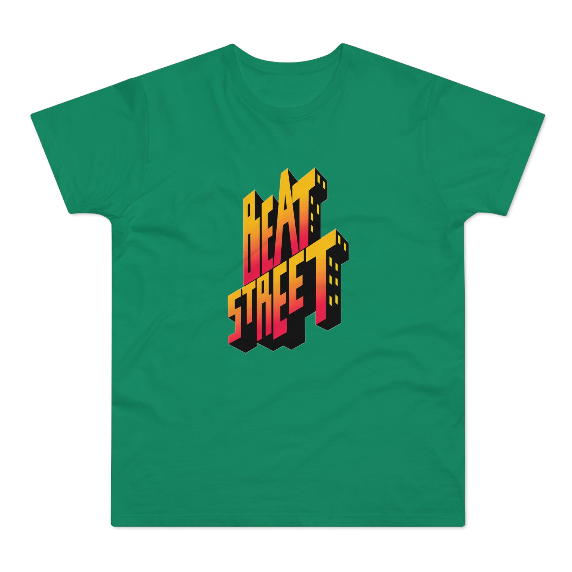Green t-shirt with a 3D "BEAT STREET" cityscape graphic in yellow and red.