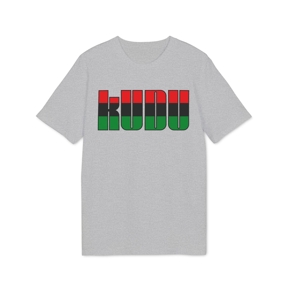 A gray crewneck t-shirt featuring the word KUDU in red, black, and green across the chest.