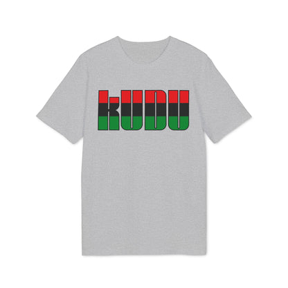 A gray crewneck t-shirt featuring the word KUDU in red, black, and green across the chest.