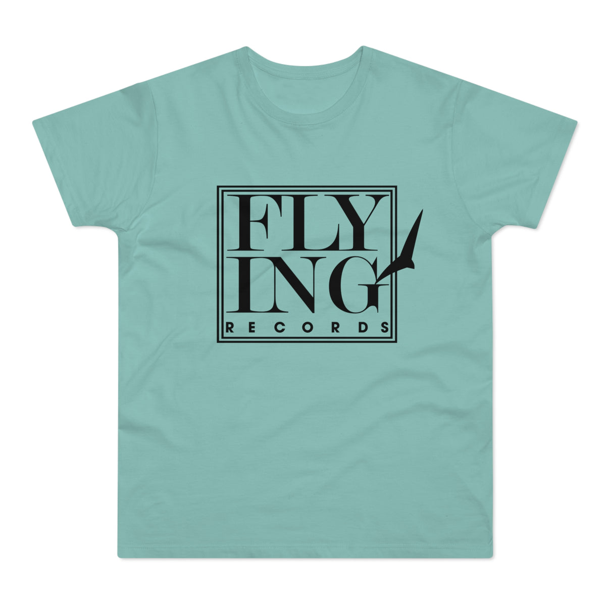 Teal t-shirt with black "FLYING RECORDS" text and a bird silhouette.