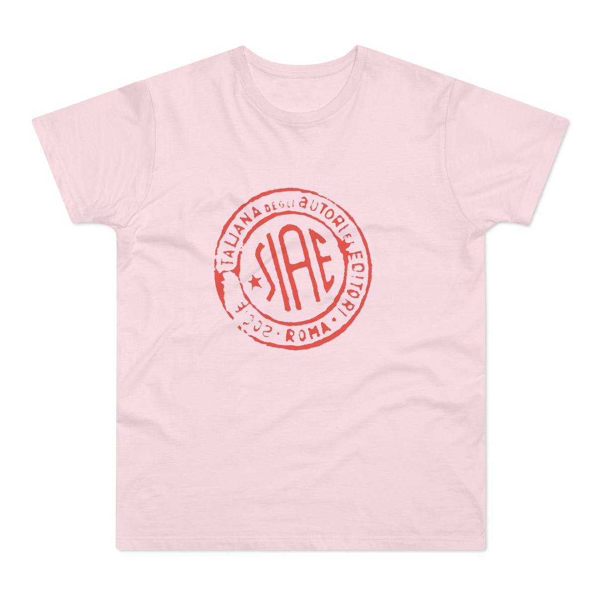 Pink t-shirt with a red circular SIAE stamp including "ITALIANA DEGLI AUTORI EDITORI" and "ROMA 2002".