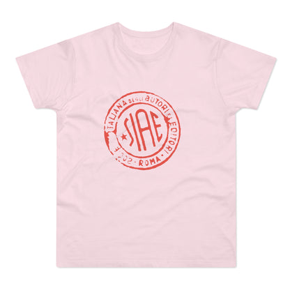 Pink t-shirt with a red circular SIAE stamp including "ITALIANA DEGLI AUTORI EDITORI" and "ROMA 2002".