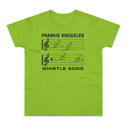 Frankie Knuckles Whistle Song text on lime green T-shirt.