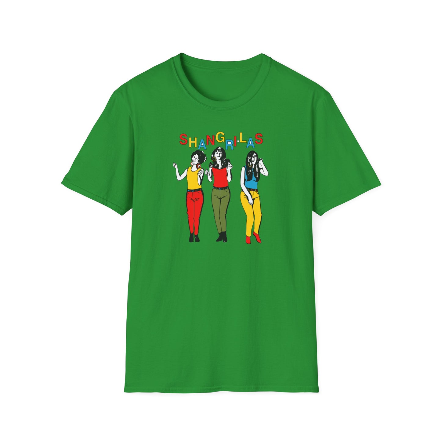Green t-shirt with "Shangri-Las" text and illustration of three women.