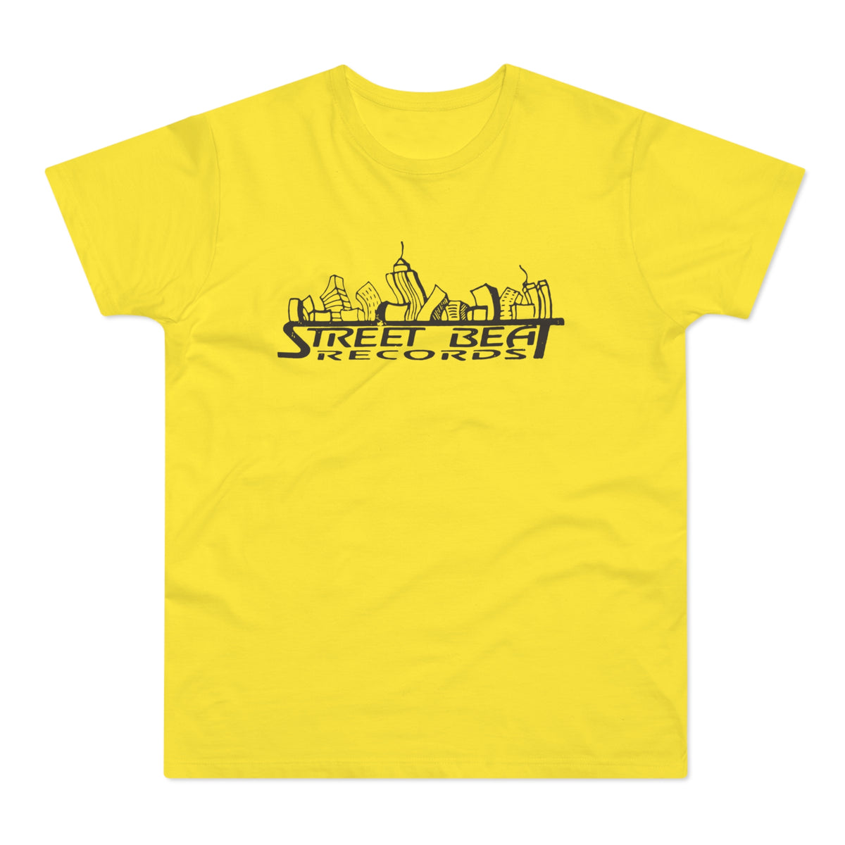 Yellow t-shirt with black "Street Beat Records" text and skyline graphic.