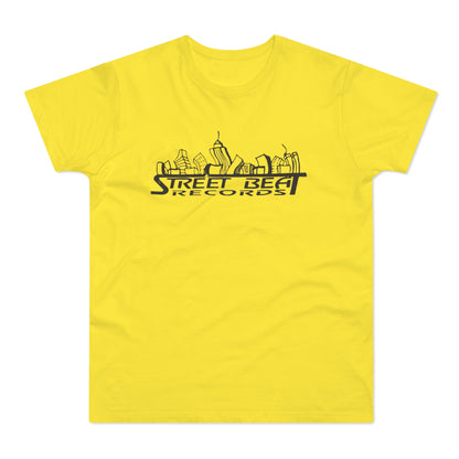 Yellow t-shirt with black "Street Beat Records" text and skyline graphic.