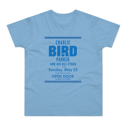 Blue t-shirt with "Charlie Bird Parker and His All Stars" concert announcement.