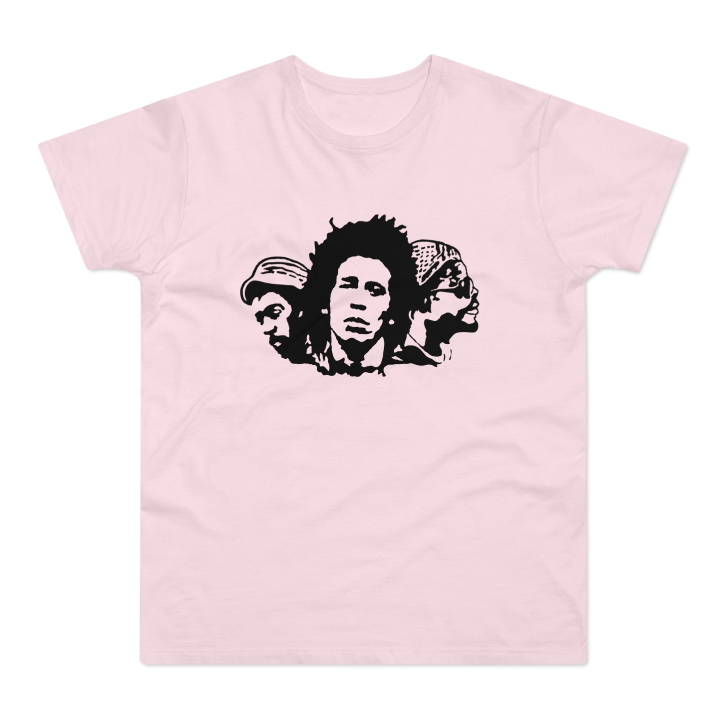 Black and white graphic of three men's heads on a pink t-shirt.