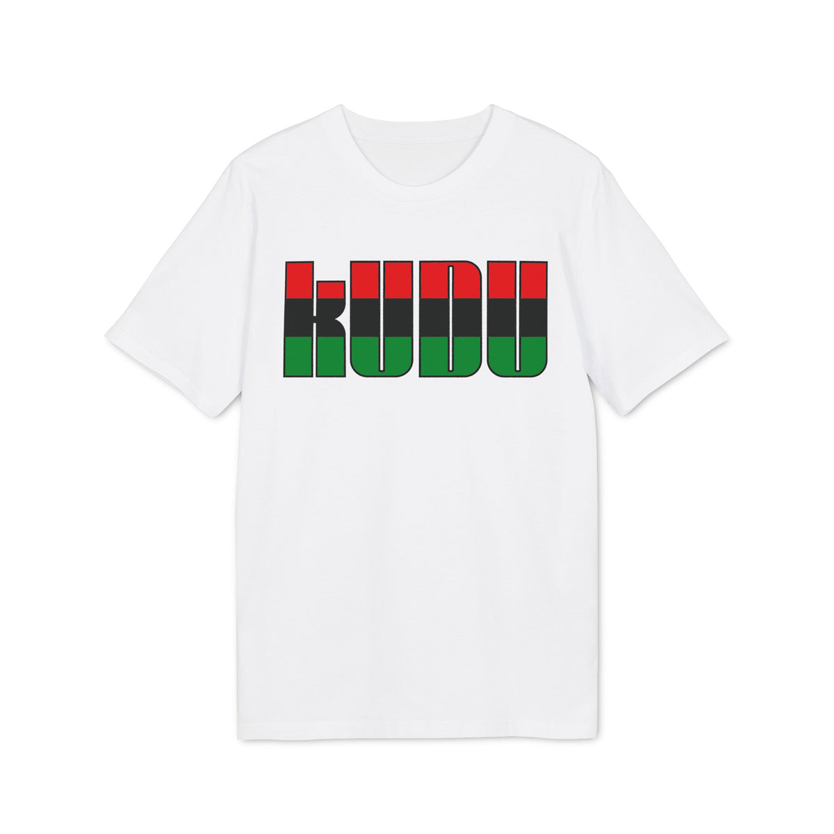 A white short-sleeved t-shirt features the word KUDU printed on the chest in red, black, and green stripes.