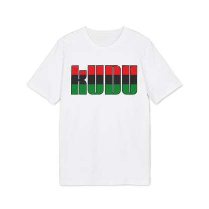 A white short-sleeved t-shirt features the word KUDU printed on the chest in red, black, and green stripes.