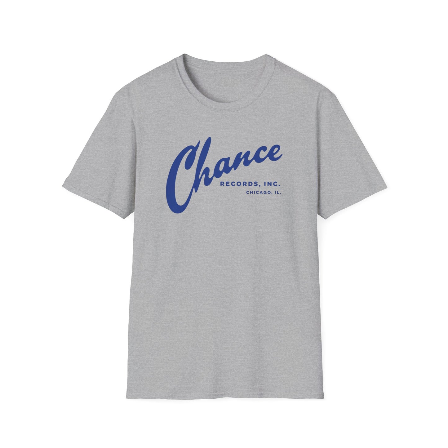 Grey t-shirt with blue "Chance Records, Inc. Chicago, IL." logo.