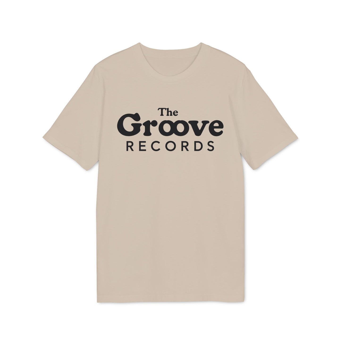 Tan t-shirt with black "The Groove Records" logo.