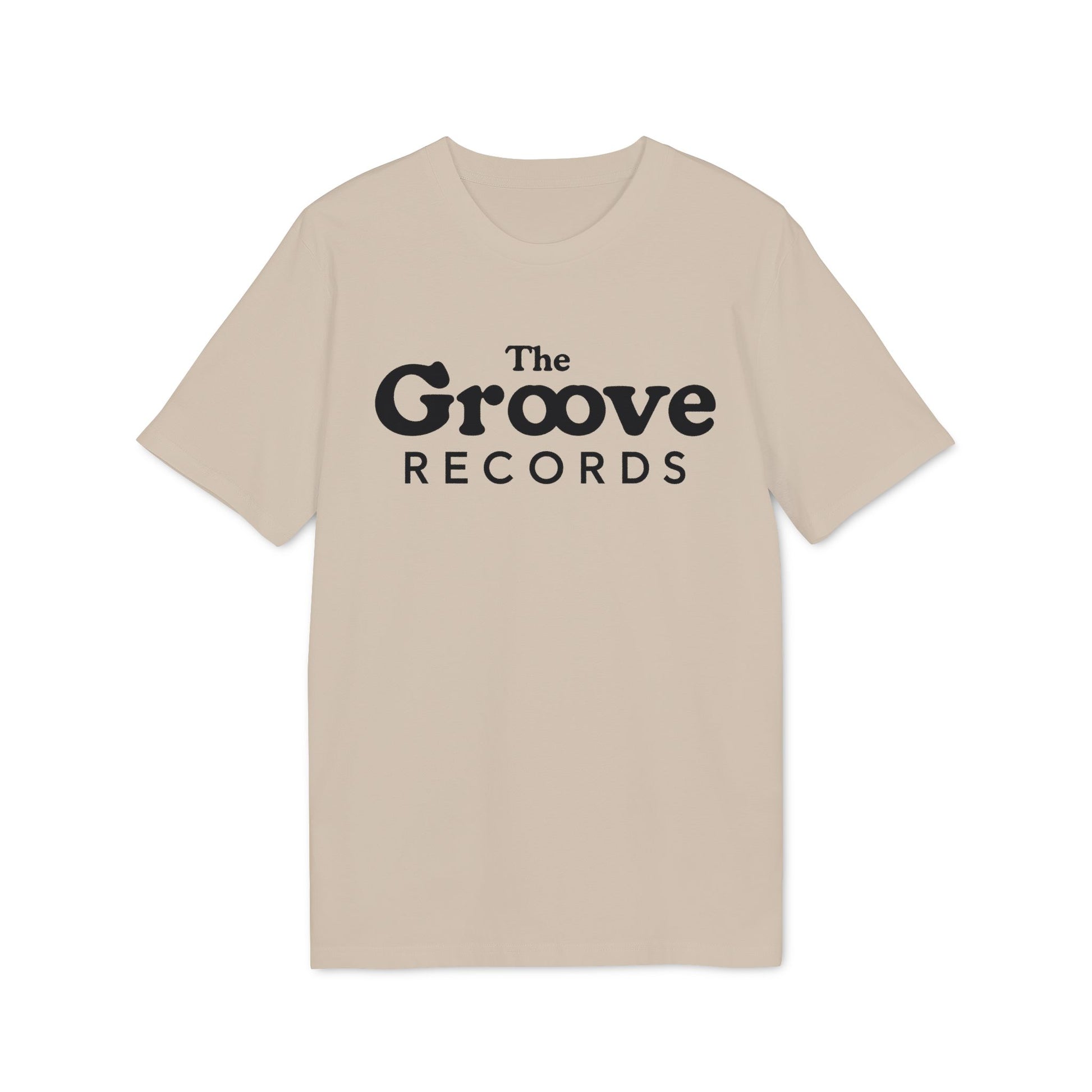 Tan t-shirt with black "The Groove Records" logo.