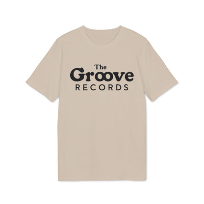 Tan t-shirt with black "The Groove Records" logo.