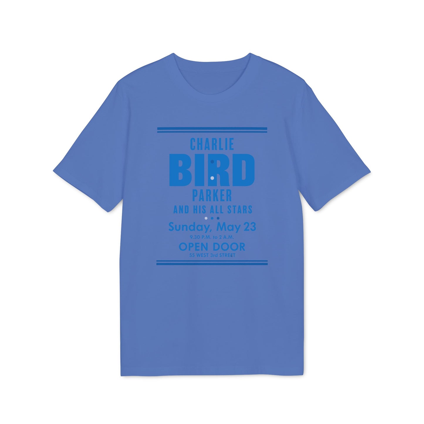 Blue t-shirt with Charlie Bird Parker And His All Stars concert details.
