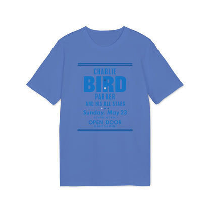 Blue t-shirt with Charlie Bird Parker And His All Stars concert details.