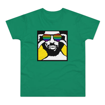 Green t-shirt with graphic of man wearing rainbow sunglasses.