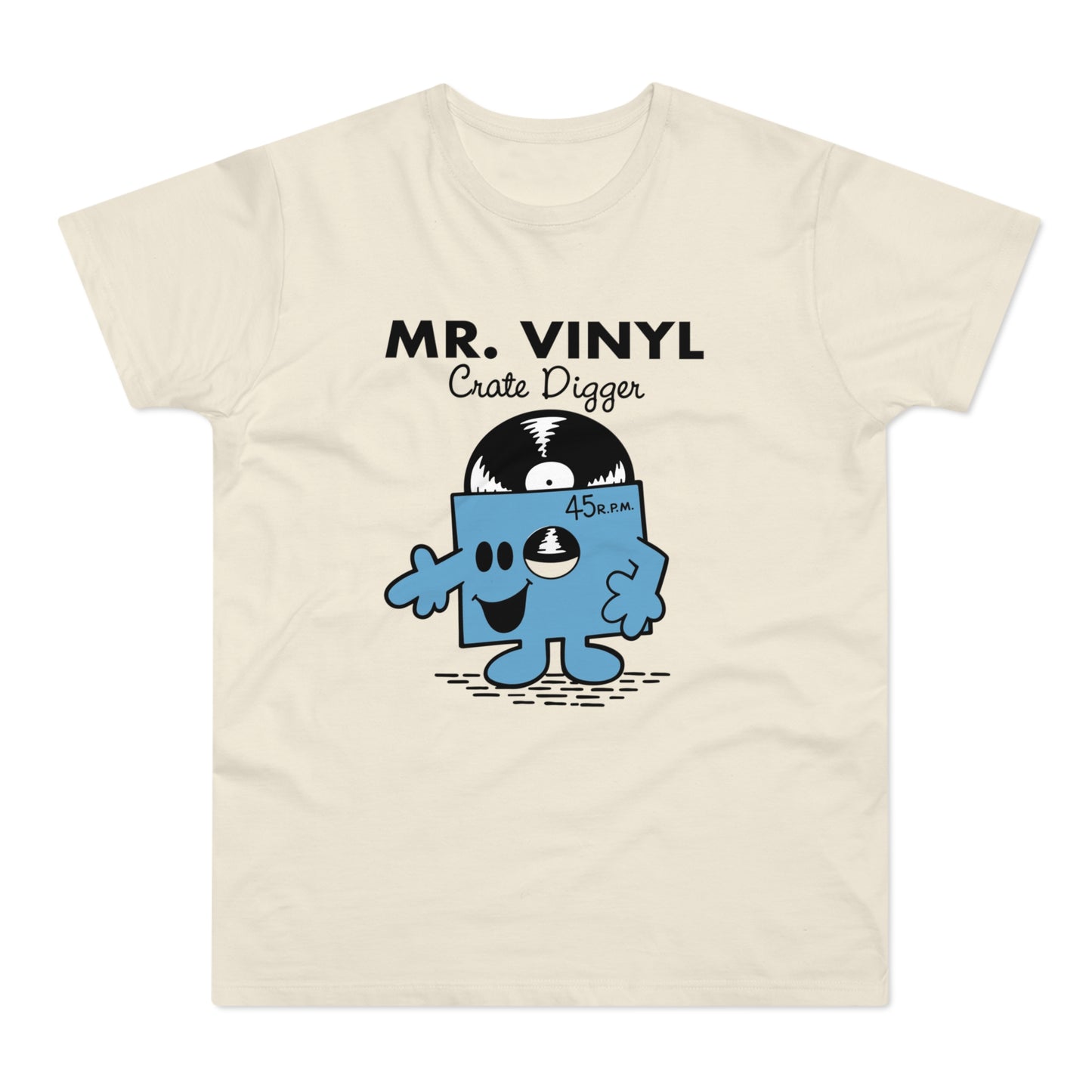 Cream t-shirt with black text "MR. VINYL Crate Digger" and cartoon vinyl record crate character.
