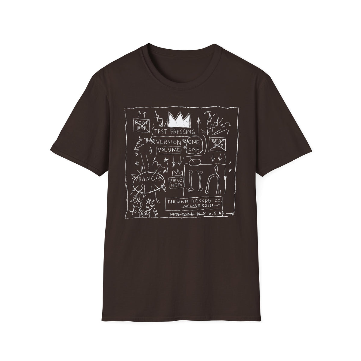 Dark brown t-shirt with a white graphic of a crown, lightning, and text.