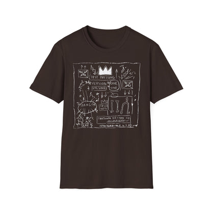 Dark brown t-shirt with a white graphic of a crown, lightning, and text.