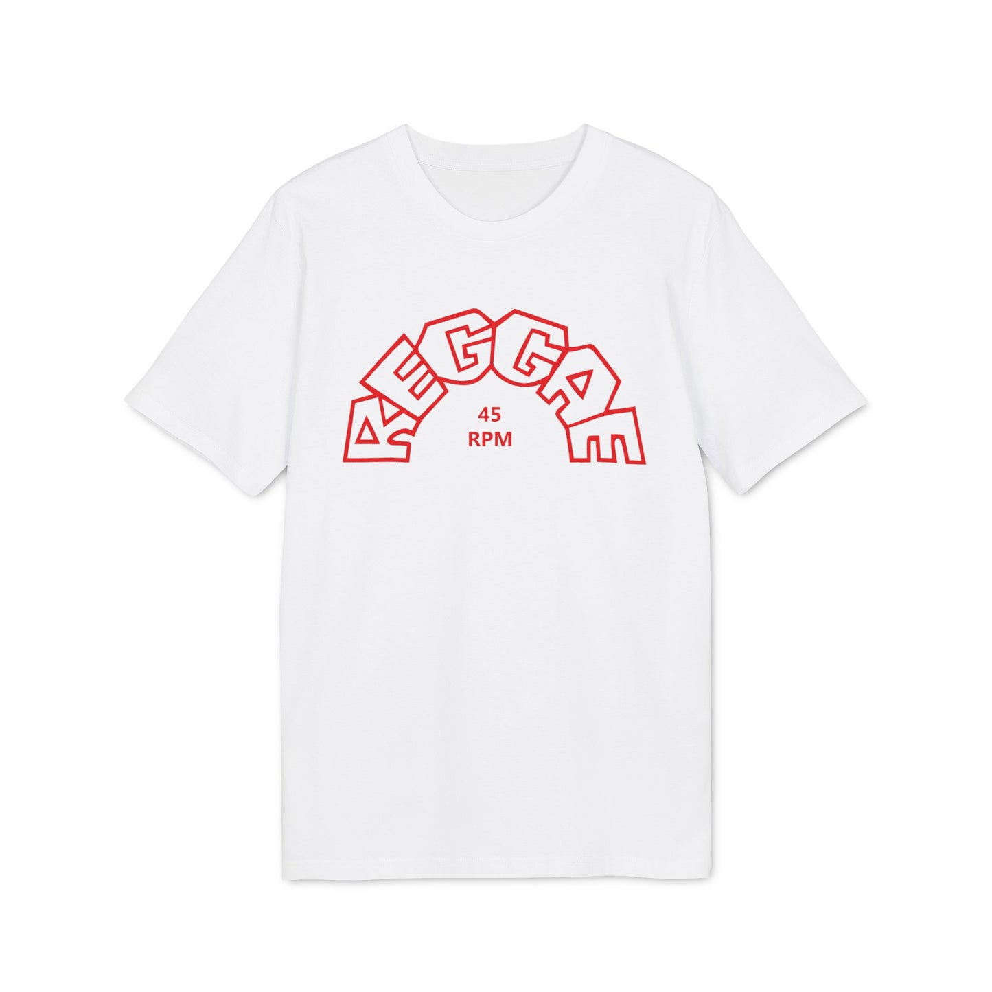 White t-shirt with red "REGGAE 45 RPM" text logo in an arched font.