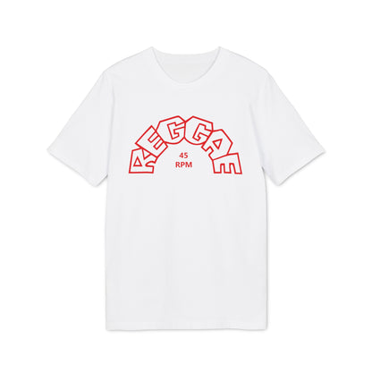 White t-shirt with red "REGGAE 45 RPM" text logo in an arched font.