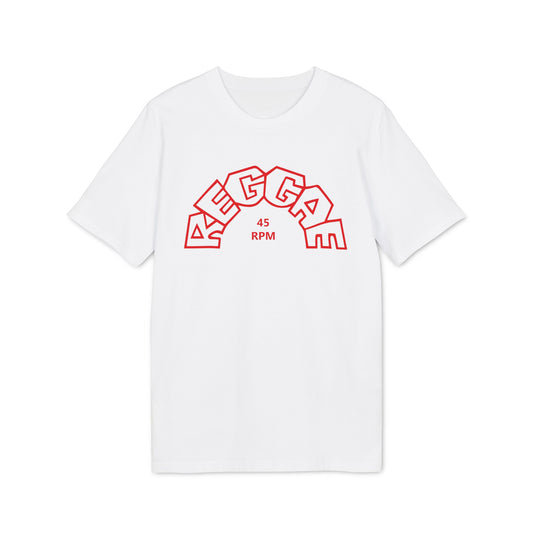 White t-shirt with red "REGGAE 45 RPM" text logo in an arched font.