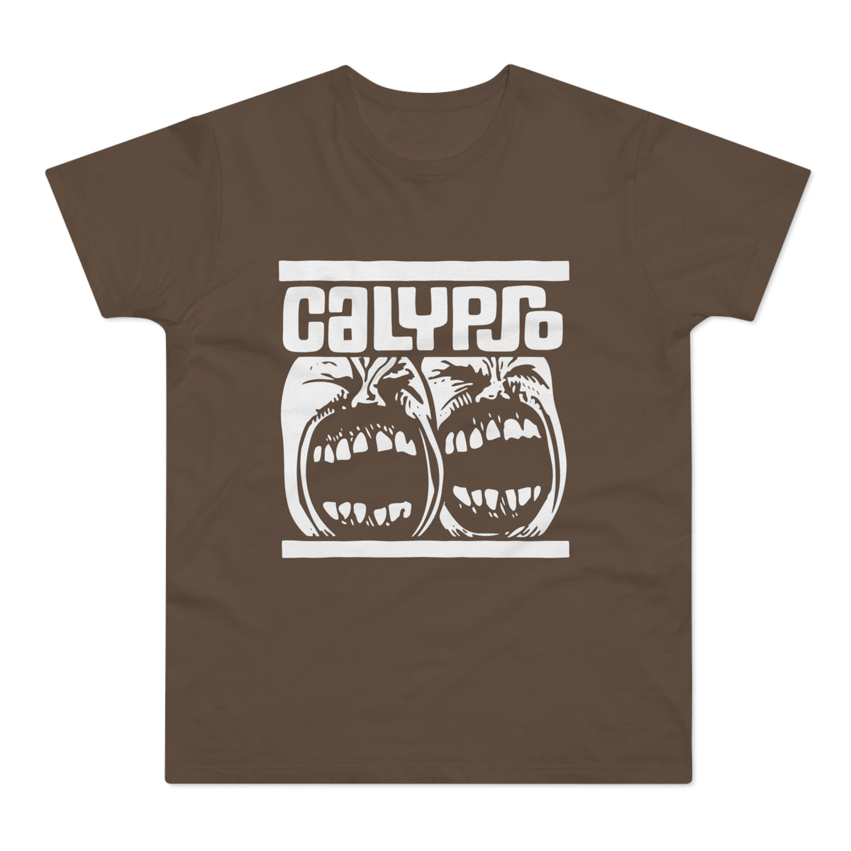 Brown t-shirt with white "CALYPSO" text and two screaming faces.
