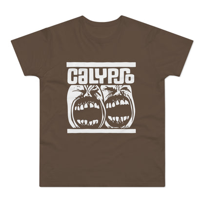 Brown t-shirt with white "CALYPSO" text and two screaming faces.