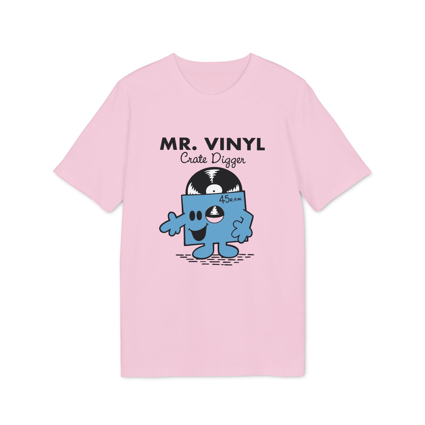 Pink t-shirt with "MR. VINYL Crate Digger" and vinyl record character.