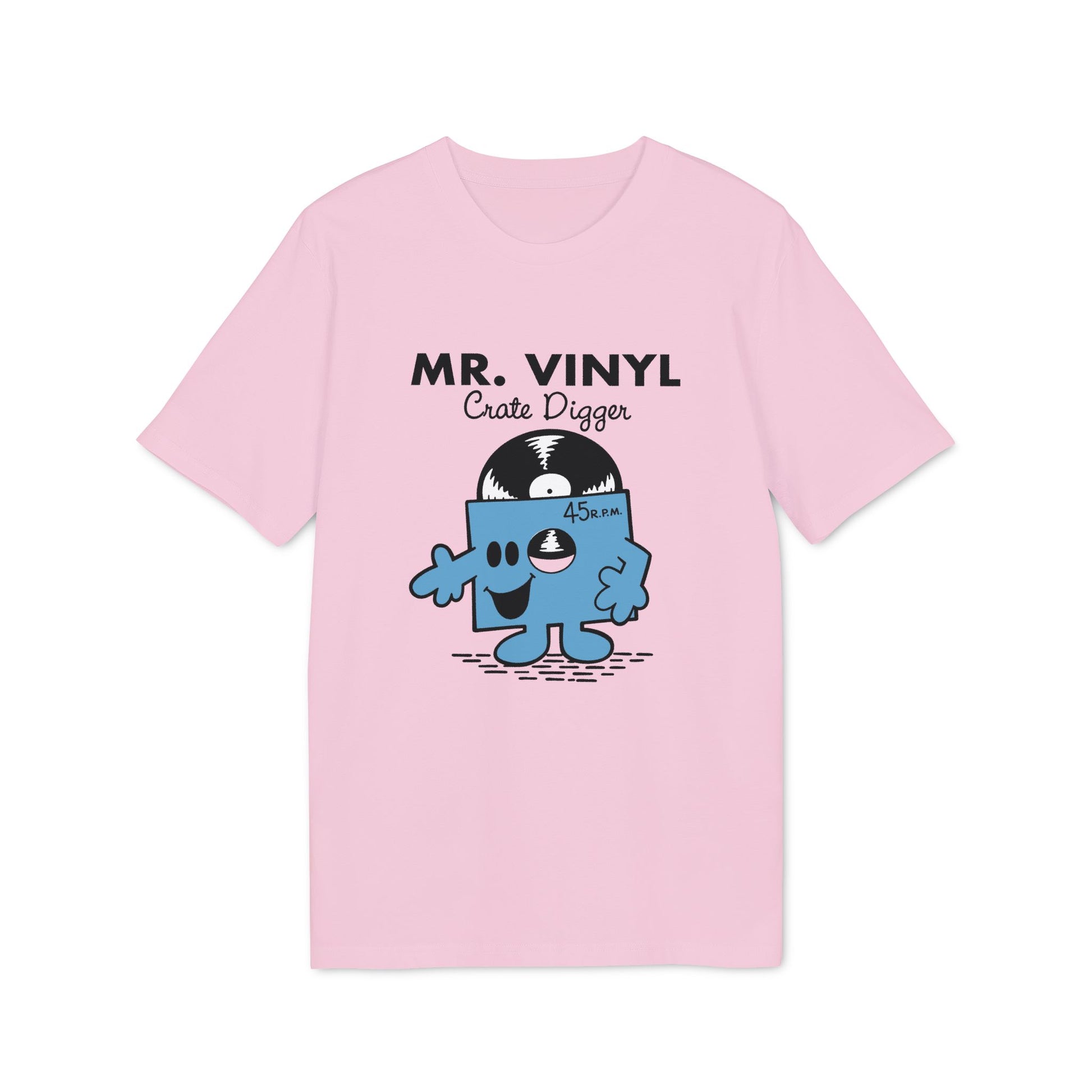 Pink t-shirt with "MR. VINYL Crate Digger" and vinyl record character.