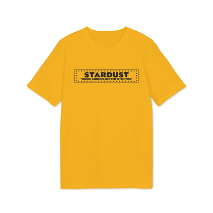 A mustard-yellow short-sleeve t-shirt featuring a black box graphic with the text Stardust Music Sounds Better With You bordered by stars.