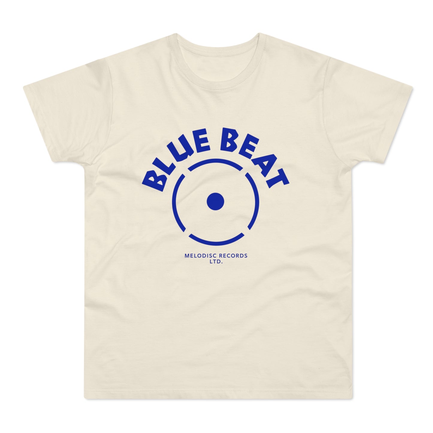 Cream t-shirt with blue "BLUE BEAT" text and Melodisc Records LTD. logo.
