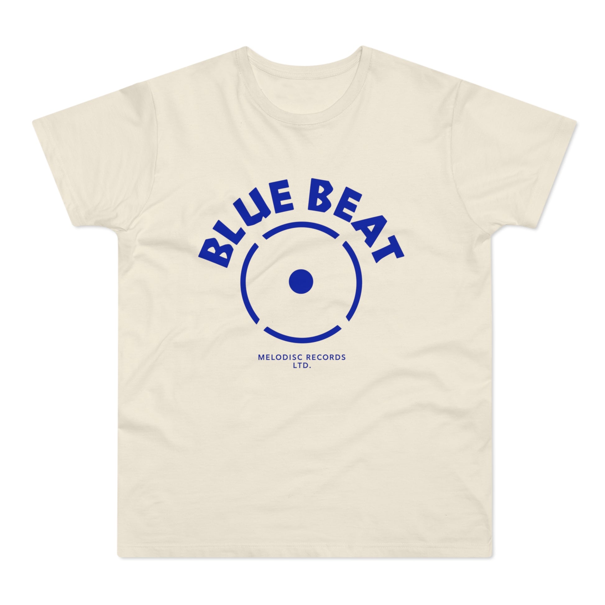 Cream t-shirt with blue "BLUE BEAT" text and Melodisc Records LTD. logo.