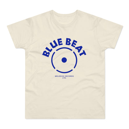 Cream t-shirt with blue "BLUE BEAT" text and Melodisc Records LTD. logo.