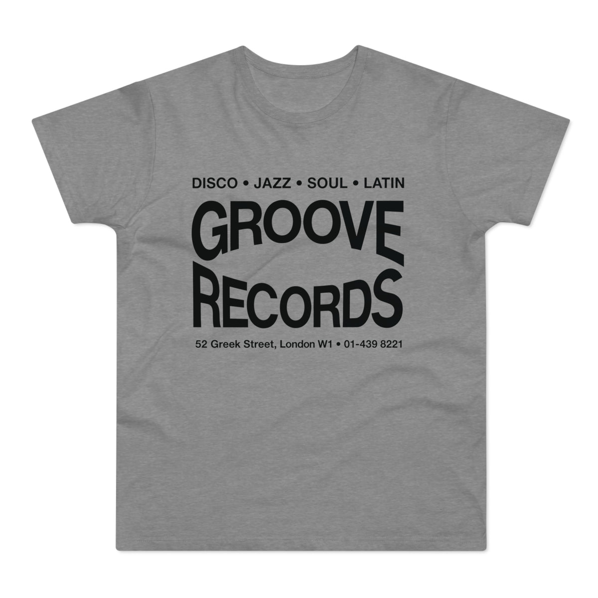 Grey t-shirt with black text "Groove Records" and address.