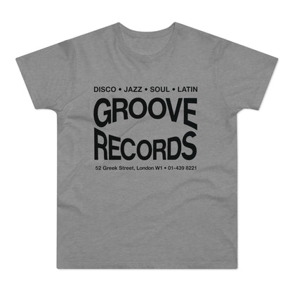 Grey t-shirt with black text "Groove Records" and address.