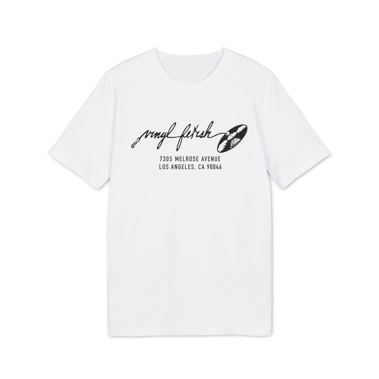 White t-shirt with black "vinyl fetish" text and record on chest.