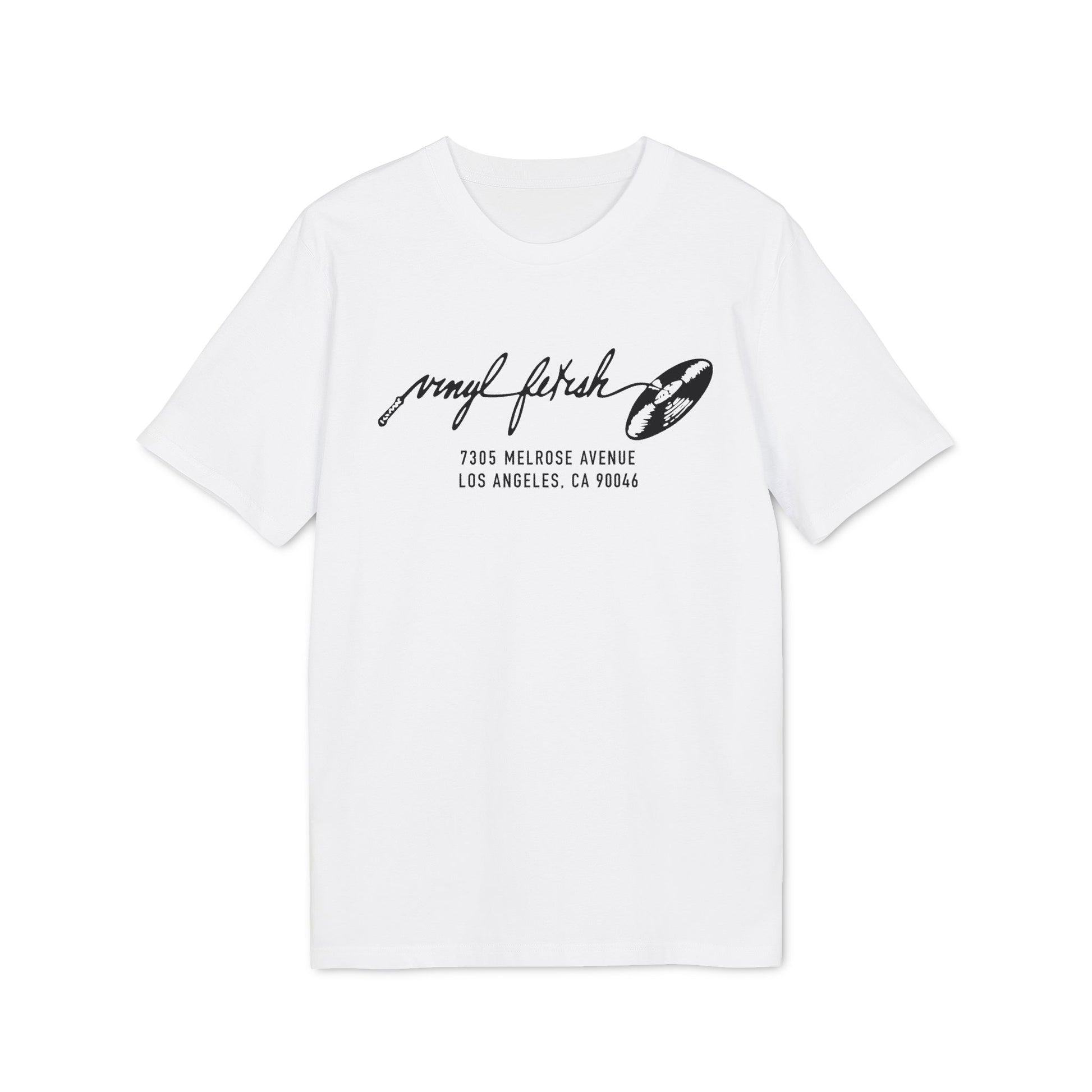 White t-shirt with black "vinyl fetish" text and record on chest.