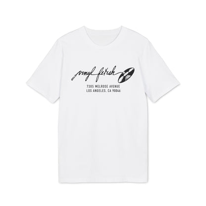 White t-shirt with black "vinyl fetish" text and record on chest.