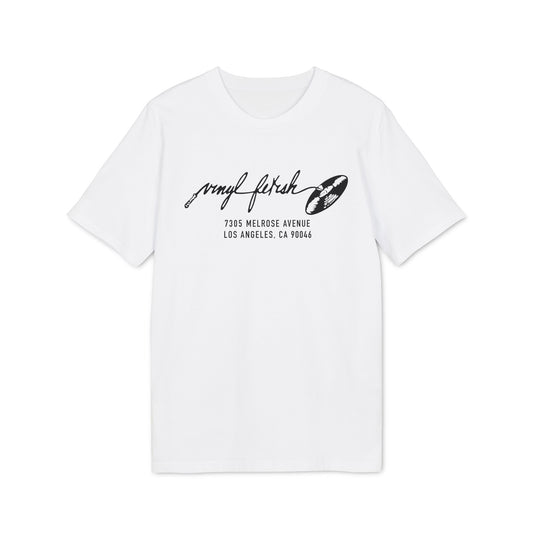 White t-shirt with black "vinyl fetish" text and record on chest.