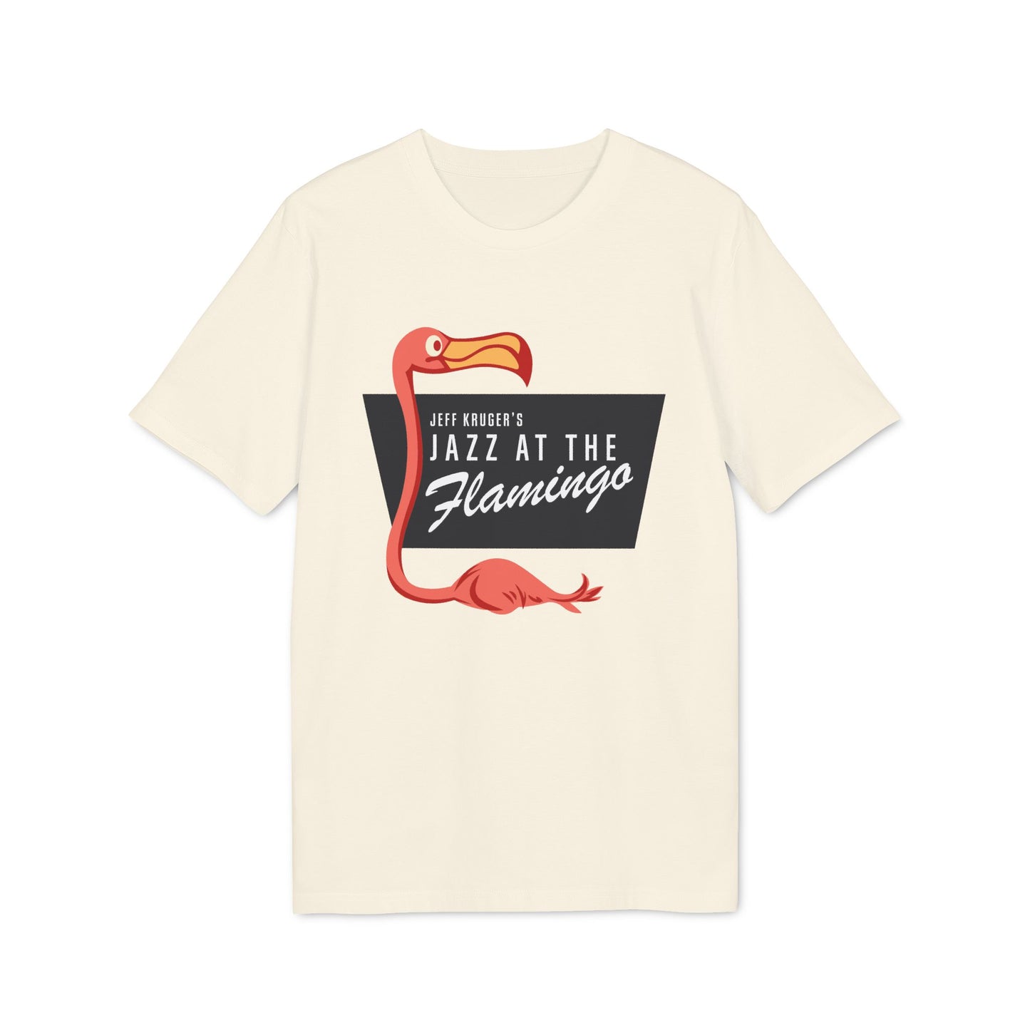 Cream t-shirt with a coral flamingo and "Jeff Kruger's Jazz at the Flamingo" text.