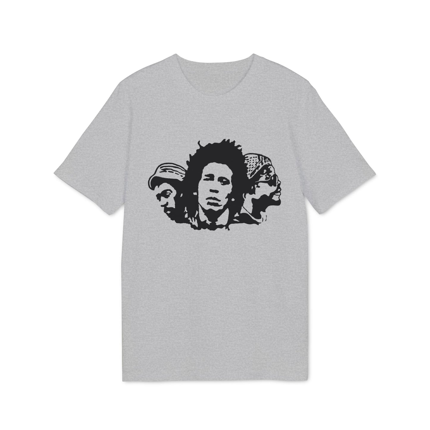 Gray t-shirt with black stencil art of Bob Marley and two other individuals.