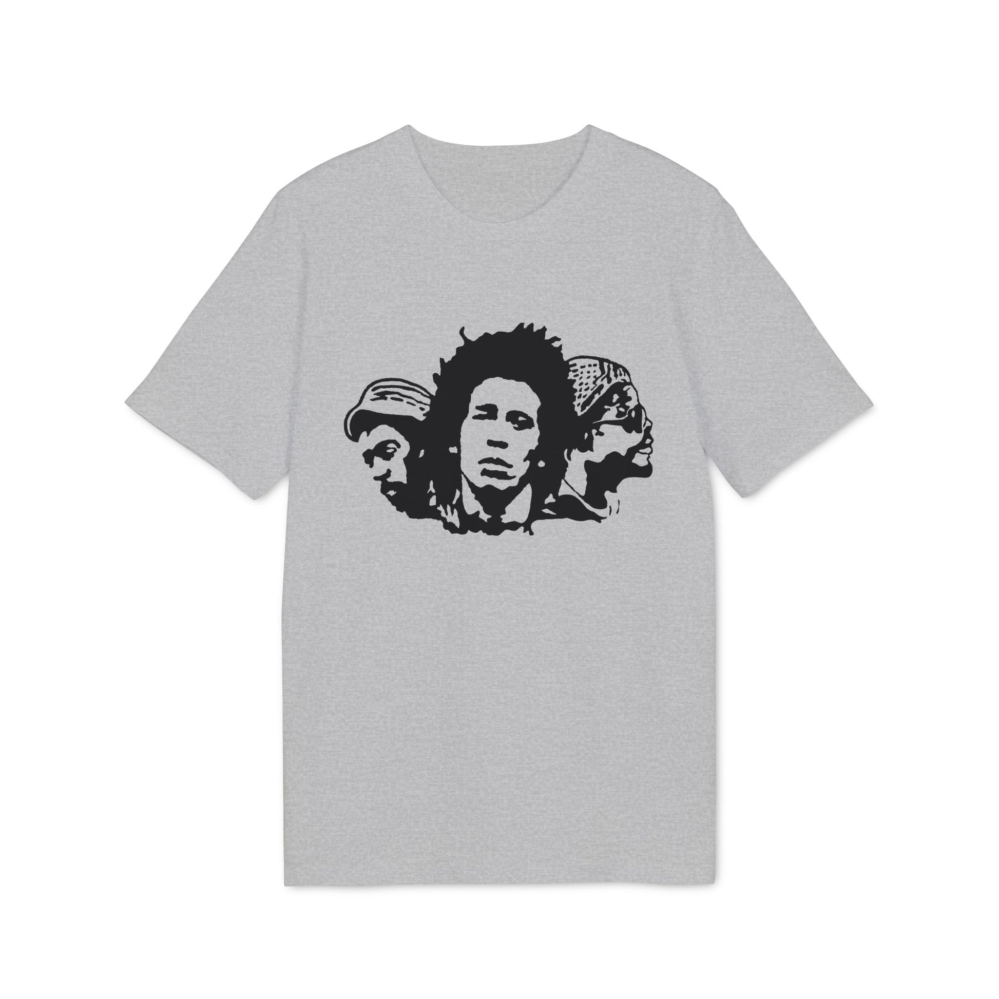 Gray t-shirt with black stencil art of Bob Marley and two other individuals.