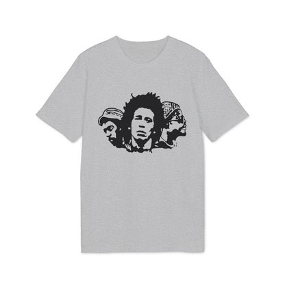 Gray t-shirt with black stencil art of Bob Marley and two other individuals.