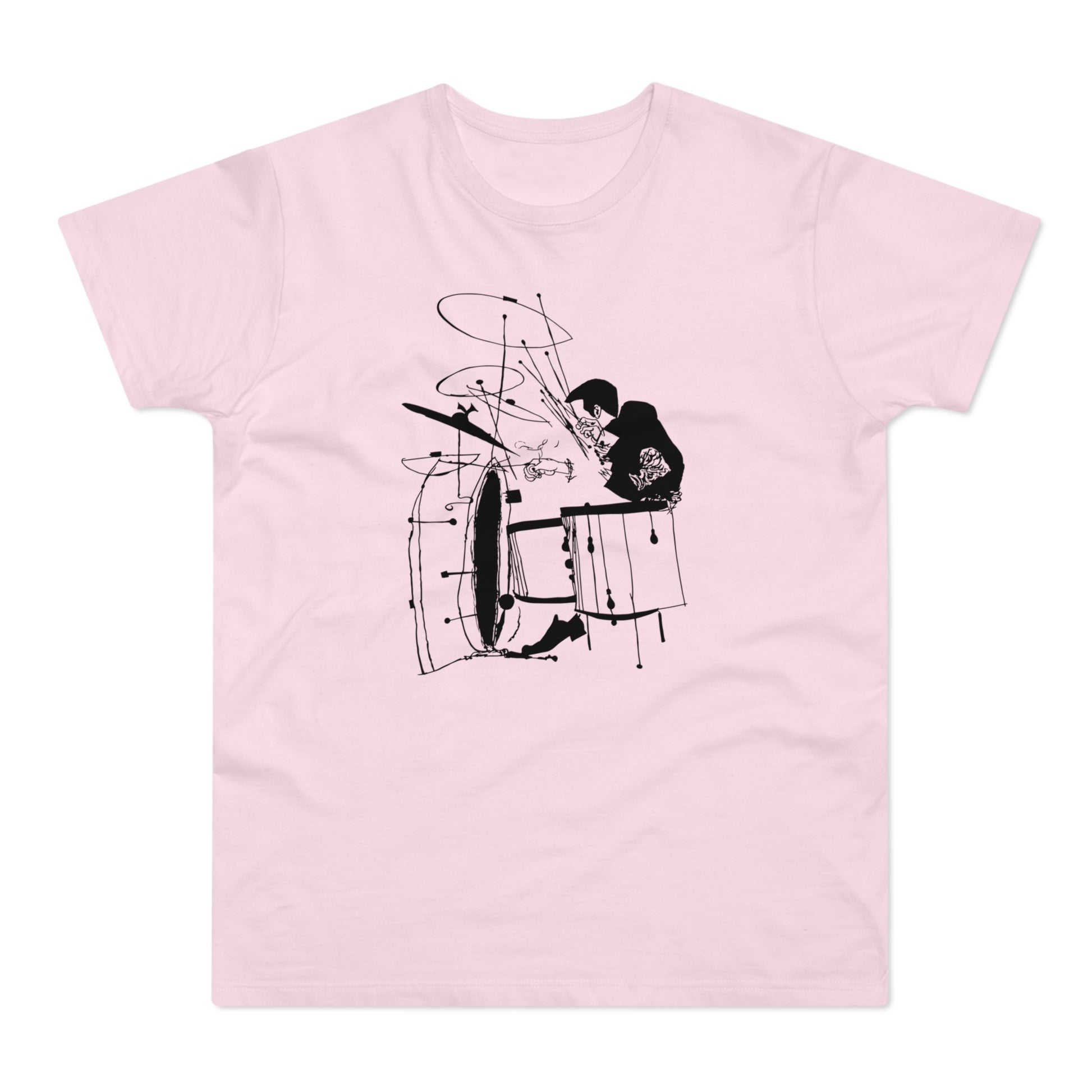 Black illustration of a drummer on a pink t-shirt.